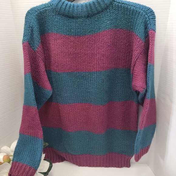 Vintage Susann d oversized Knit Womens Pullover Sweater Teal Purple Orange M - Picture 3 of 10